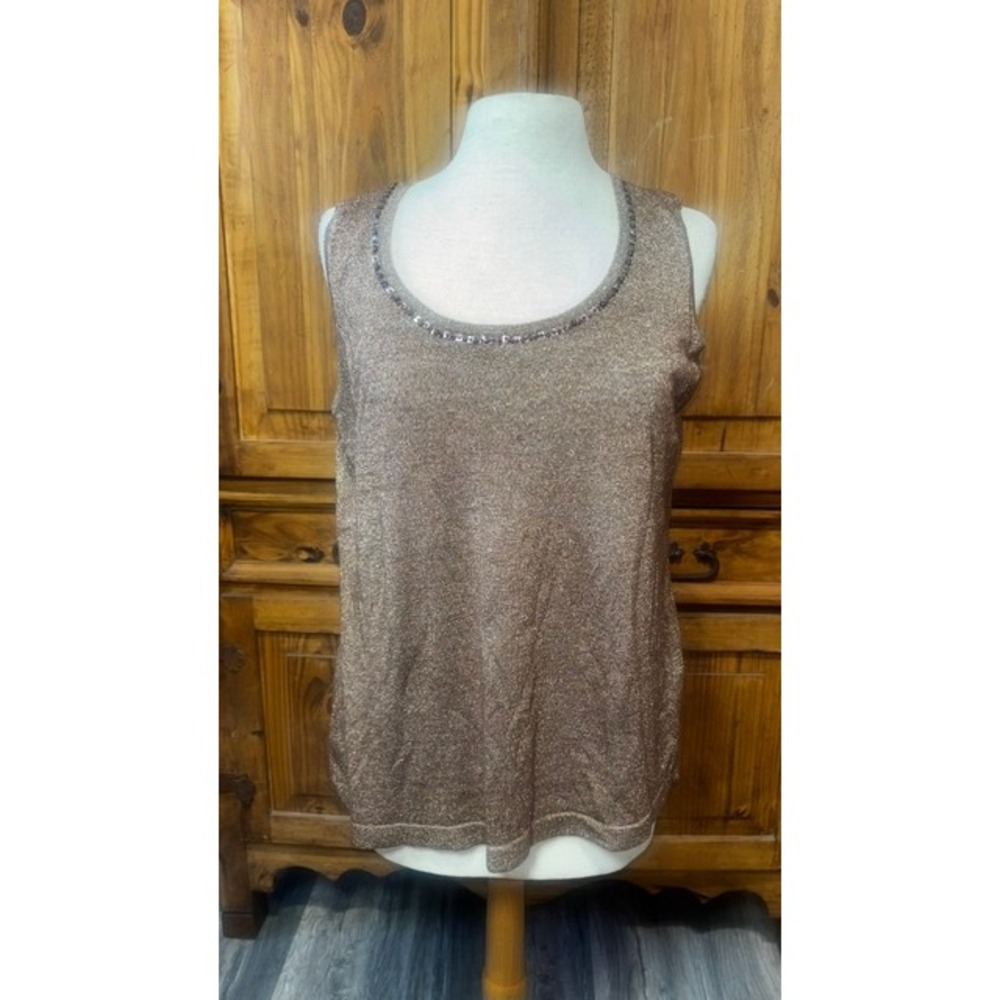 Chicos Bronze Metallic Knit Tank Top Beaded Scoop Neck Sleeveless Shell Size 2